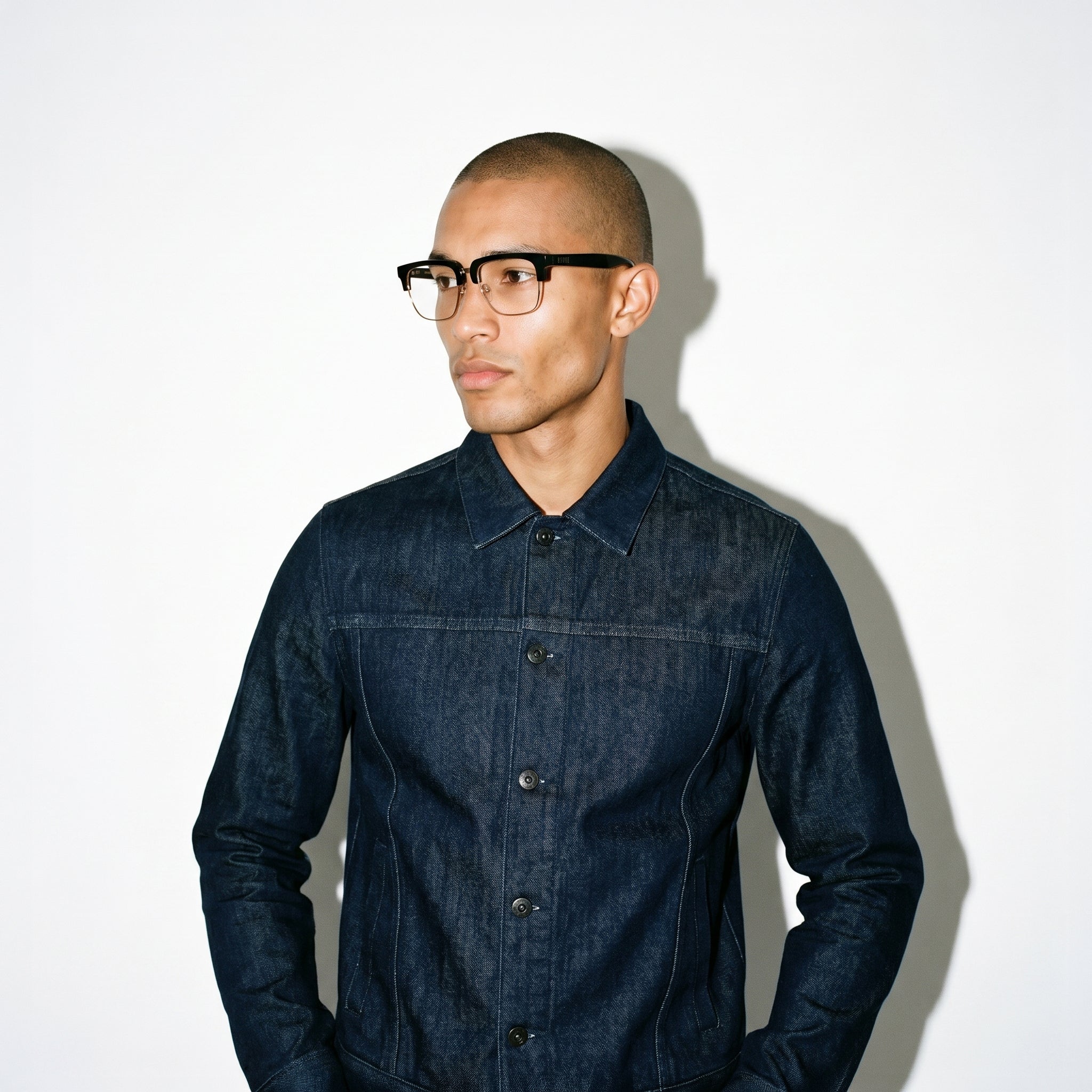 9FIVE Belmont Black & 24K Gold Clear Lens Glasses — worn on model [g:all s:all o:3]