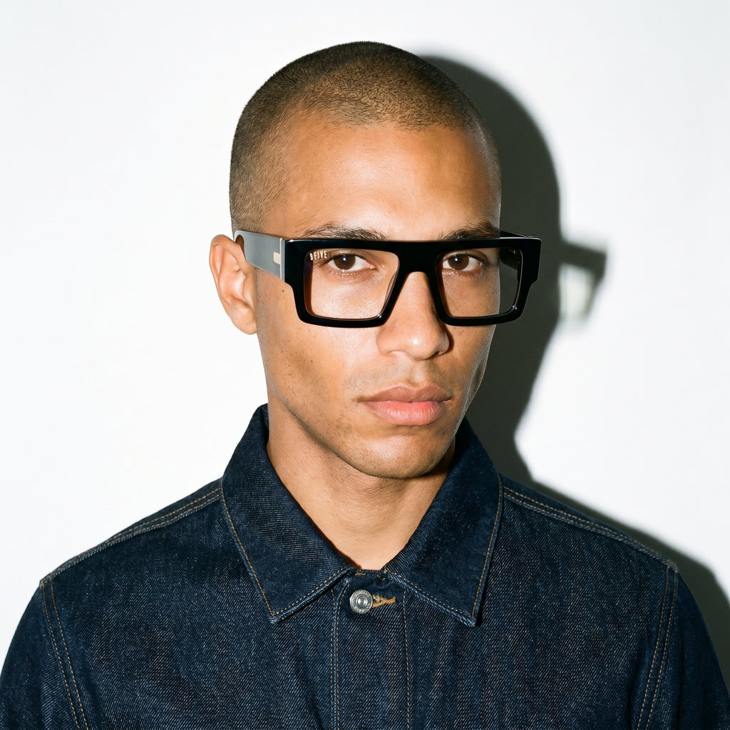 9FIVE Diego Black & 24K Gold Clear Lens Glasses Rx — worn on model [g:all s:all o:3]
