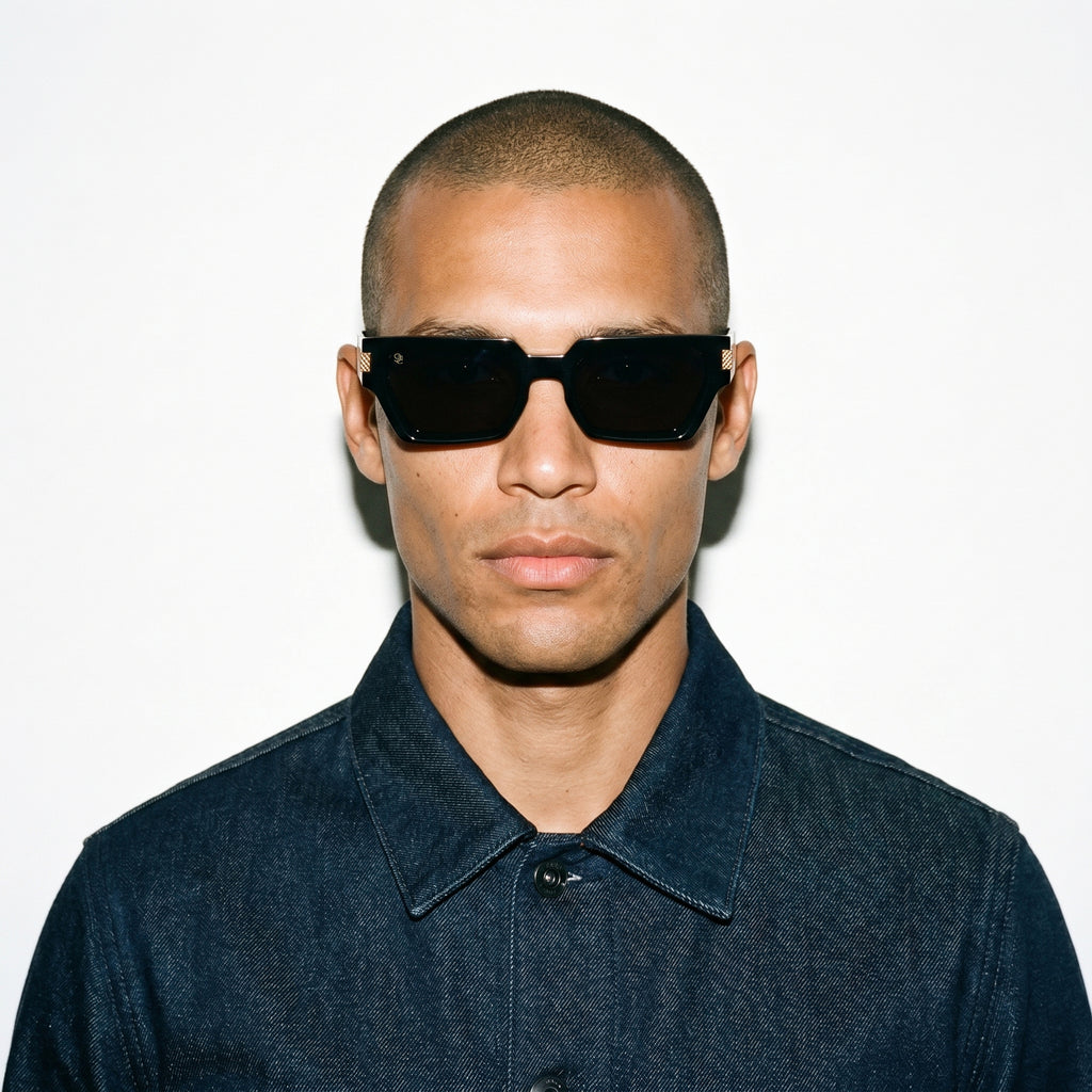 9FIVE Locks Black & 24K Gold Sunglasses Rx — worn on model [g:all s:all o:3]