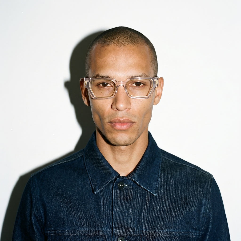 9FIVE Locks Crystal & 24K Gold Clear Lens Glasses — worn on model [g:all s:all o:3]