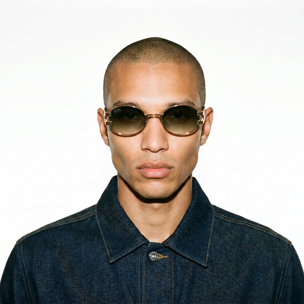 9FIVE St. James Green Gradient Sunglasses — worn on model [g:green-gradient s:all o:3]
