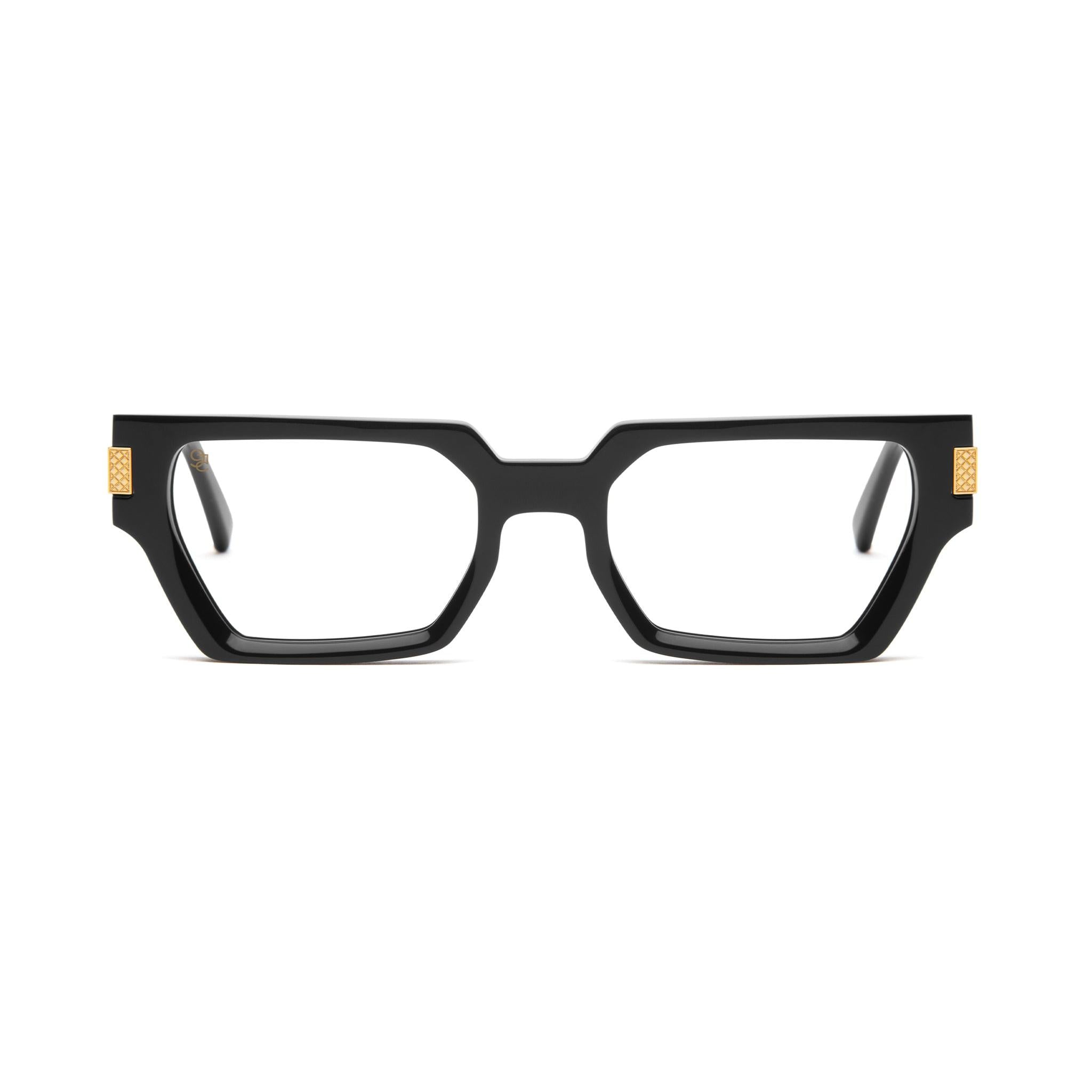 9FIVE Locks Black & 24K Gold Clear Lens Glasses — front [g:all s:reg o:1]