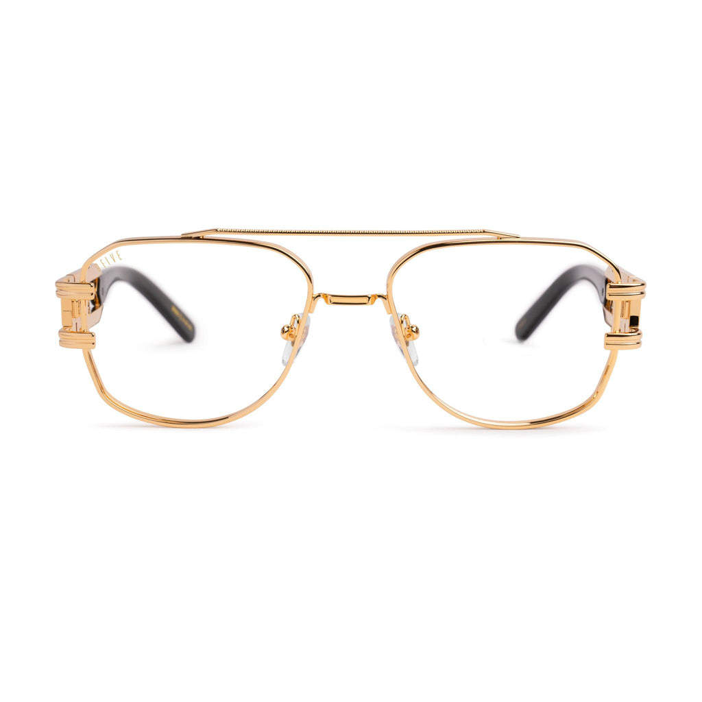 9FIVE Royals Black & 24K Gold Clear Lens Glasses — front [g:all s:reg o:1]