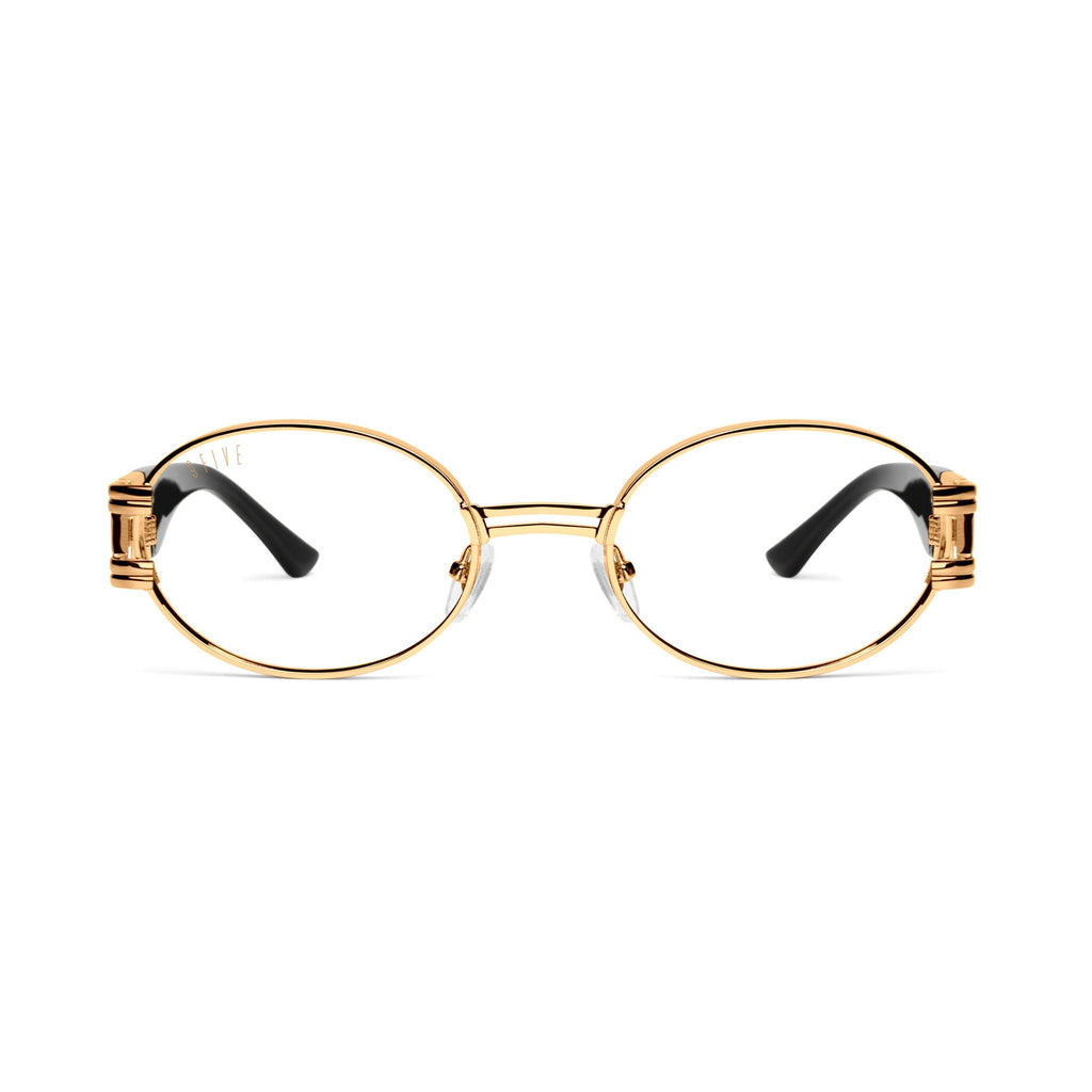 9FIVE St. James Black & 24K Gold Clear Lens Glasses — front [g:clear-nonprescription s:reg o:1]